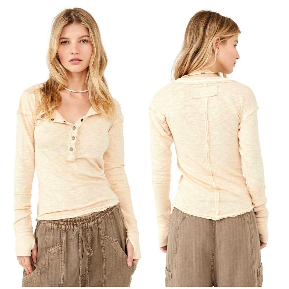 Free People Phoebe Henley Size Medium Cream Long Sleeve Boho Cotton Lightweight
